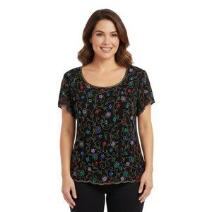 Scala XL Silk Beaded Floral Top – Vintage Evening Blouse with Scalloped Hem
